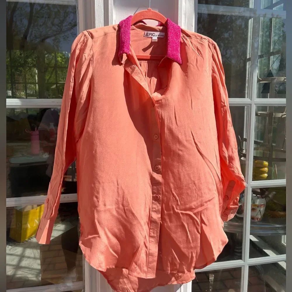 Anthropologie Epic by JF Sons Beaded Collar 100% Silk Button Down Blouse
